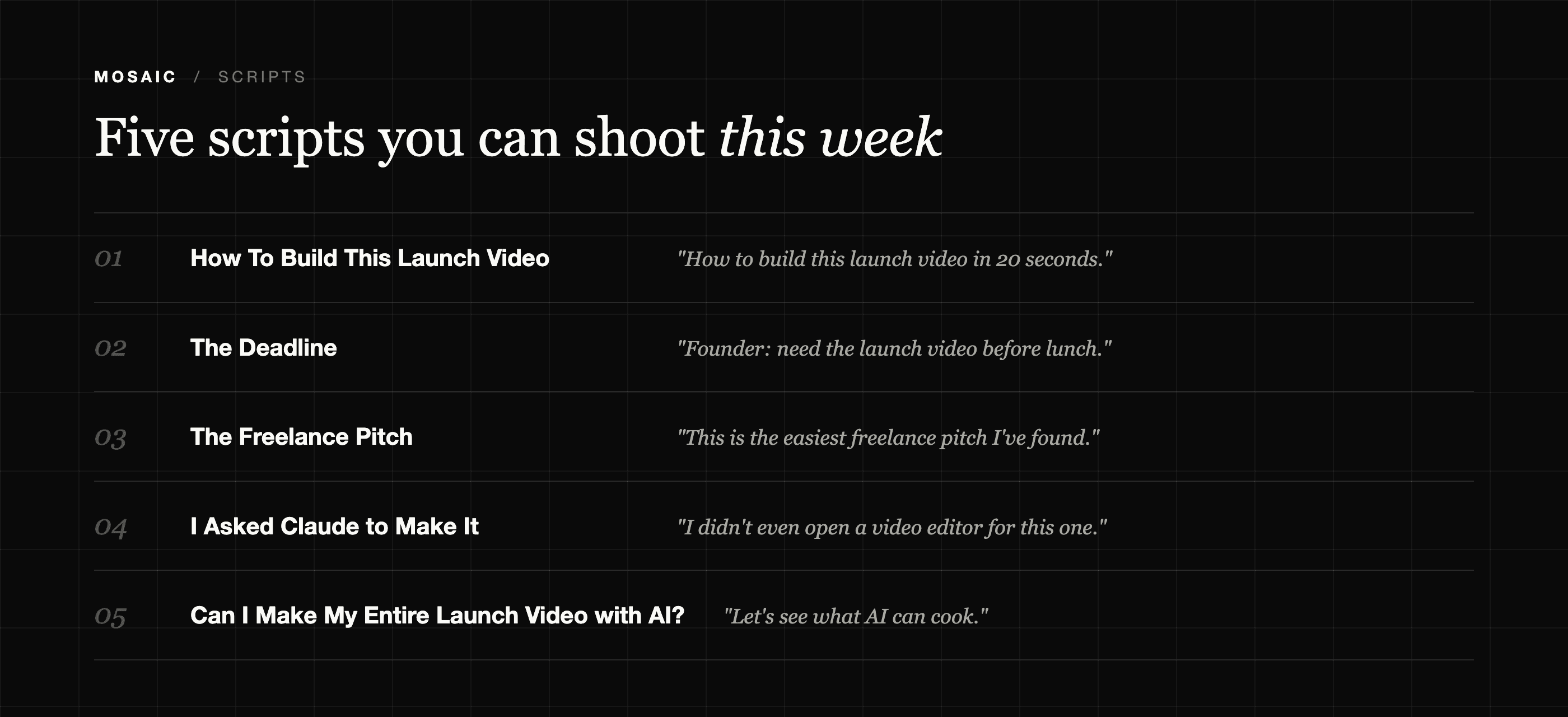 Five scripts you can shoot this week